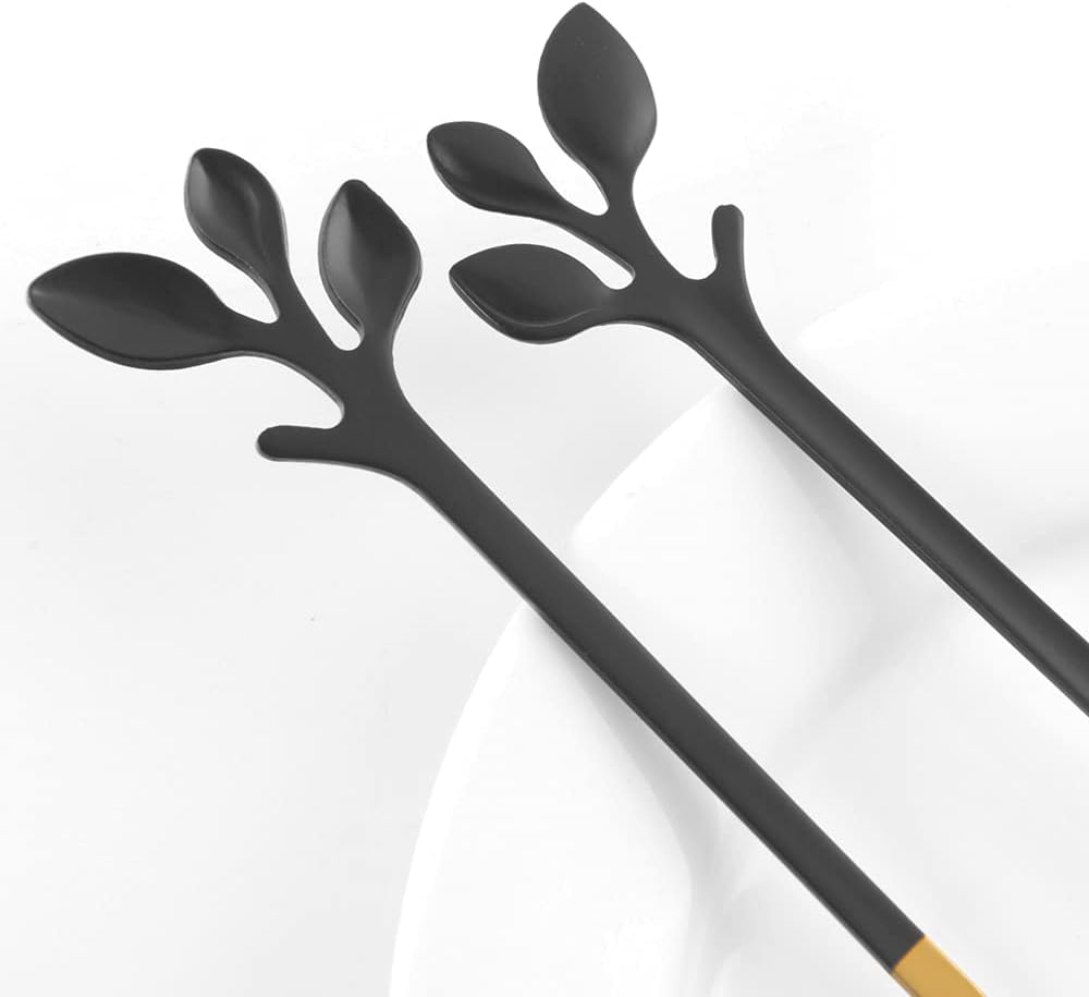 AnSaw Elegant Black & Gold Leaf Espresso Spoons - 10-Piece, 4.7" Mini Stainless Steel Coffee & Dessert Tea Spoons, Perfect for Demitasse & Small Servings