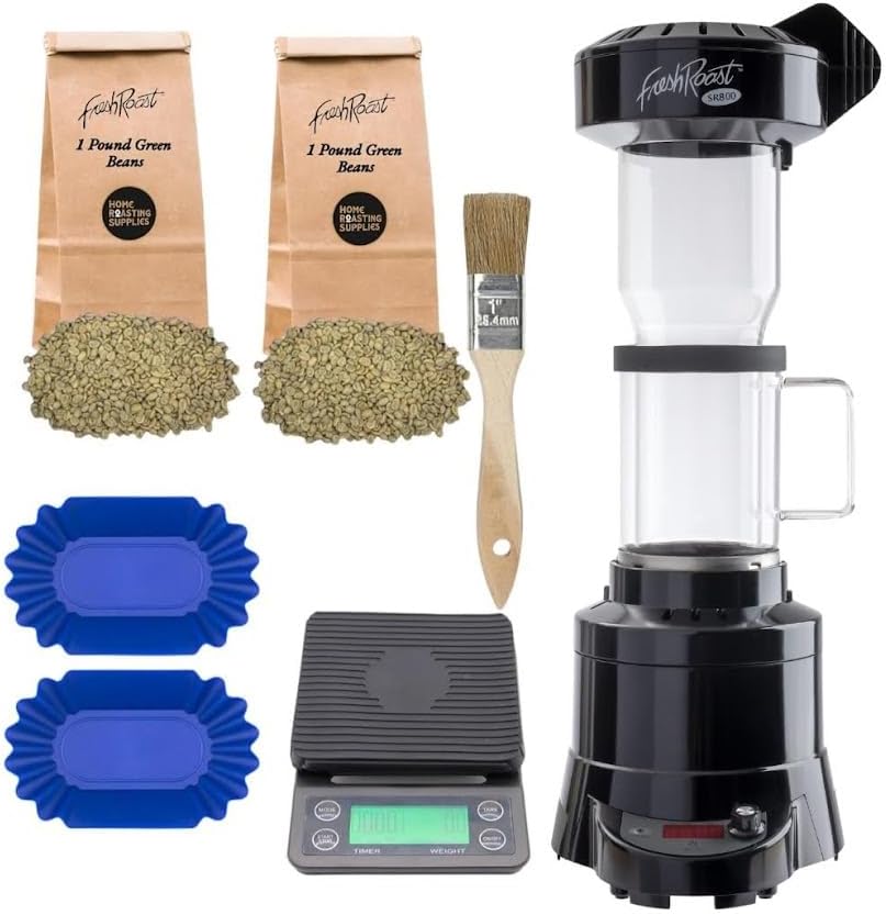 Coffee Roaster Bundle SR800, Glass Extension Tube, Pour Over DIgital Scale, (2lbs) Sample Pack of Green Beans, (2-Pack) Sample Trays, Chaff Brush