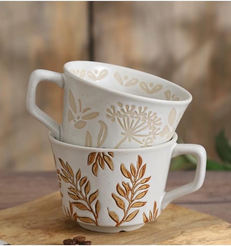 Ceramic Mug Set of 1 With Gold Spoon, 11oz - Vintage Coffee Mug, Pottery Cups for Milk, Latte, Cappuccino, Tea - Porcelain Dishwasher, Microwave Safe Stoneware 1 PCS Brown Leaf Cup