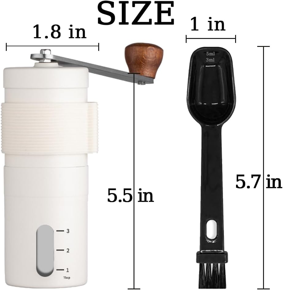 Mini Manual Coffee Bean Grinder for Travel Camping, Hand Held Espresso Burr Ceramic Coarseness White 304 Stainless Steel Small Mill Kit for Home Use with Portable Storage Pouch Brush Spoon