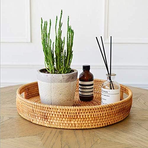 YANGQIHOME Rattan Round Serving Tray, Decorative Coffee Table Tray, Hand Woven Serving Basket with Handles, Ottoman Wicker Fruit/Bread Serving Basket, 13.8 inch