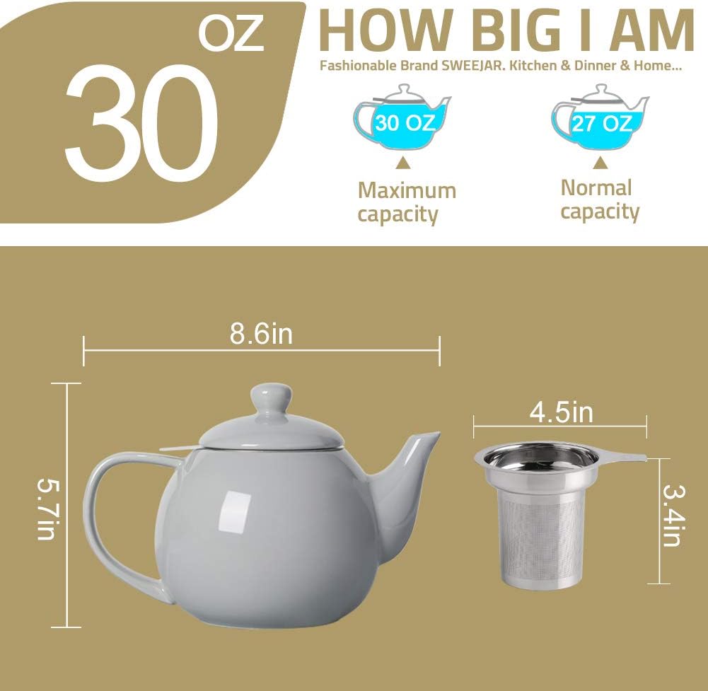 Sweejar Porcelain Teapot with Removable Stainless Steel Infuser,Microwave & Dishwasher Safe Tea Pots for Loose Tea,Tea Infuser Pots for Chrismas Women Gift (30oz Red)
