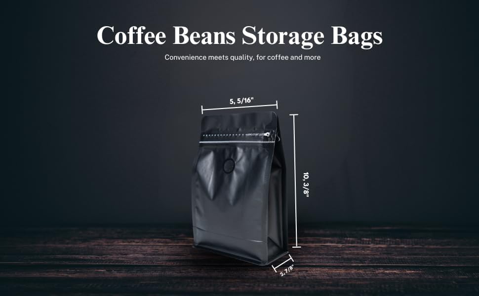 Premium Coffee Bags with Valve (100 pcs, 16 oz) Standing Coffee Beans Storage Bags, Reusable Heat Sealable Side Zipper Pouches, Eco-Friendly Packaging, Perfect for Home and Office - Black