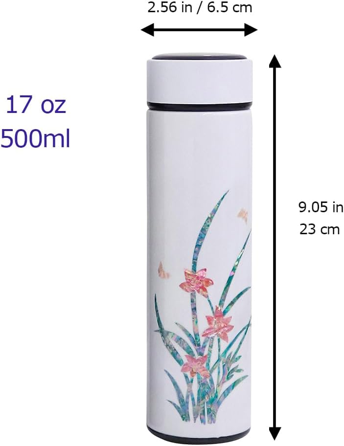 Mother of Pearl Design Stainless Steel Water Bottle with Tea Infuser Strainer 17 oz Leakproof Screw Cap Wide Mouth Double Wall Vacuum Insulated Travel Sport Water Flask Thermo Mug (Orchid White)
