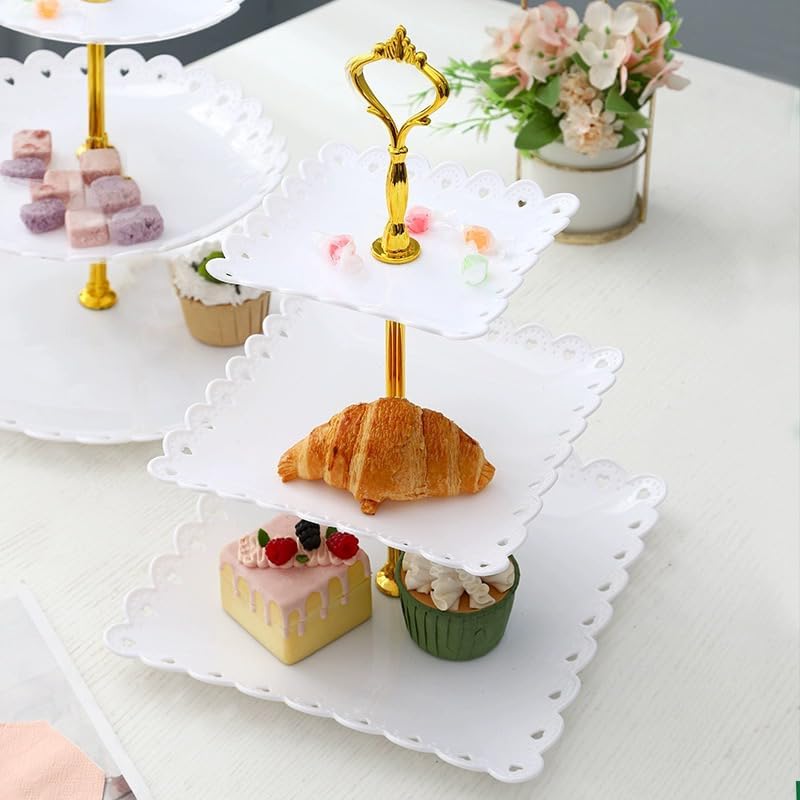 2 Pack of Large Plastic Dessert Stands, 3 Tier Cupcake Stand, 3 Tiered Serving Display Stand Reusable Pastry Dessert Tower Tray/Platter for Tea Party, Baby Shower and Wedding (White)