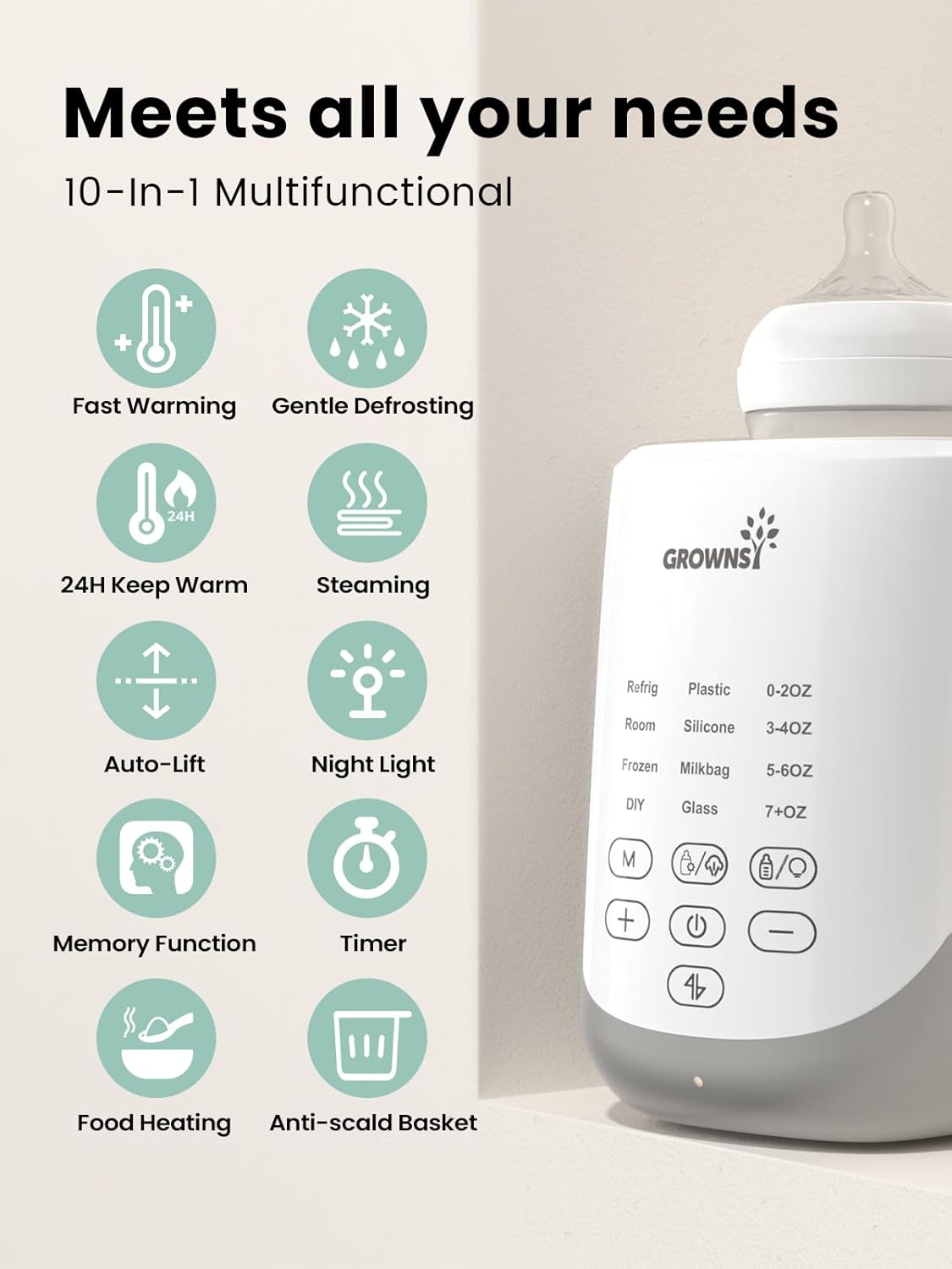 GROWNSY Nutri Bottle Warmer with Innovative Auto-Lift Feature, 10-in-1 Fast Baby Bottle Warmer with Night Light, Retain Nutrients Milk Warmer for Breastmilk&Formula