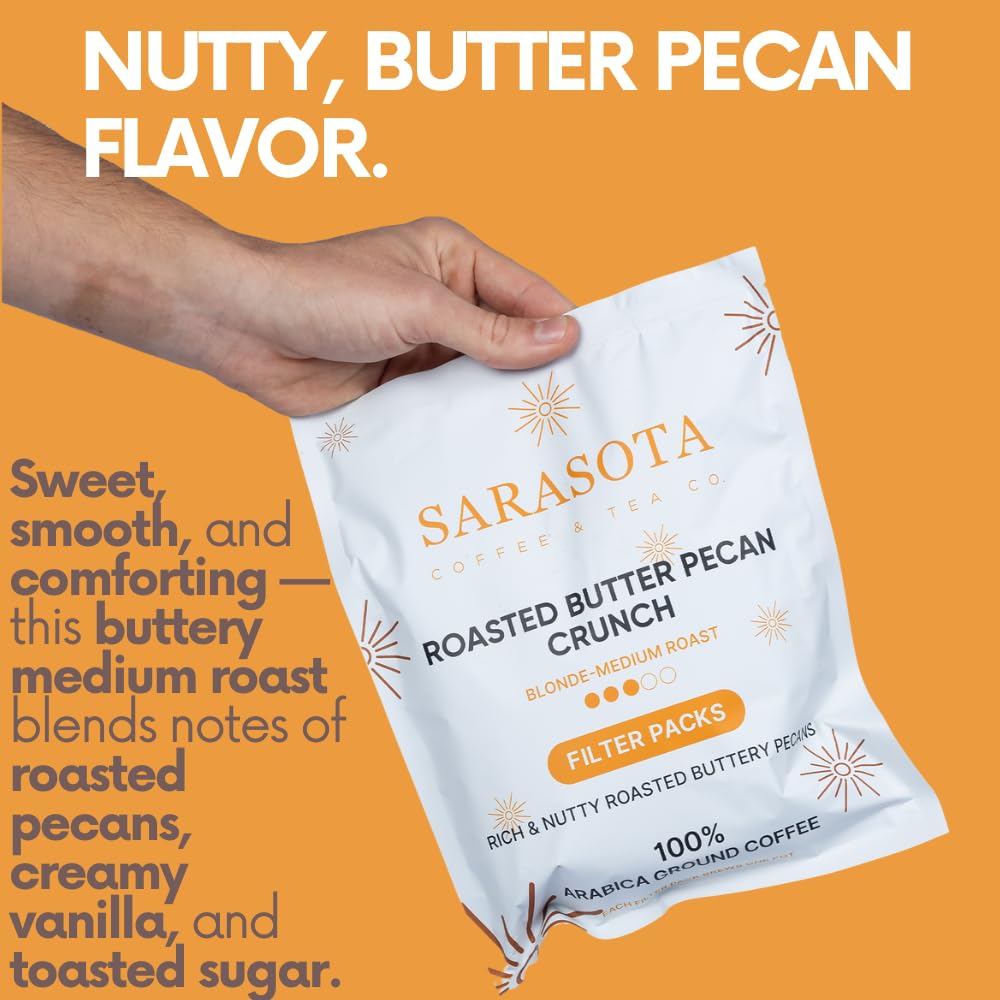 Ground Flavored Coffee In Filter Packs | Medium Roast Low Acid Mold Free Pouches | Bulk Packets | Roasted Butter Pecan Crunch | Gourmet Individual Premeasured Coffee Bags for 10-12 Cup Drip Maker