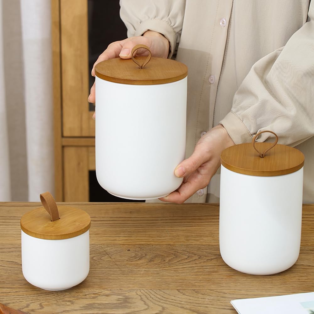 Ceramic Storage Jars, Modern Elegant Highly Polished Airtight Gorgeous Storage Canisters with Wooden Lid Small Food Stroage Jar for Kitchen Spice Tea Vanilla Sugar Coffee Beans (White tuba)