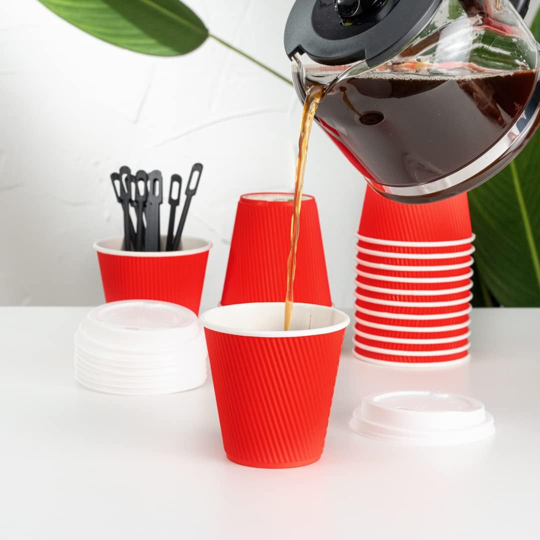 Restaurantware 8 Ounce Double Wall Disposable Coffee Cups, 500 Insulated Red Paper Tumblers with Ripple Wall Design, Lids Sold Separately for Hot Drinks like Tea, Hot Chocolate, and More