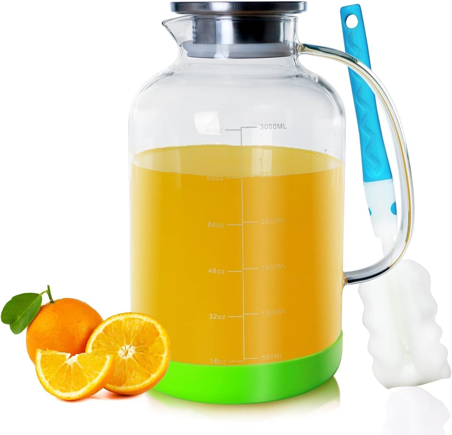 85oz Glass Pitcher with Silicone Case and Brush, Large Capacity Water Tea Pitcher for Juice, Milk, Cold or Hot Beverages, Family and Party