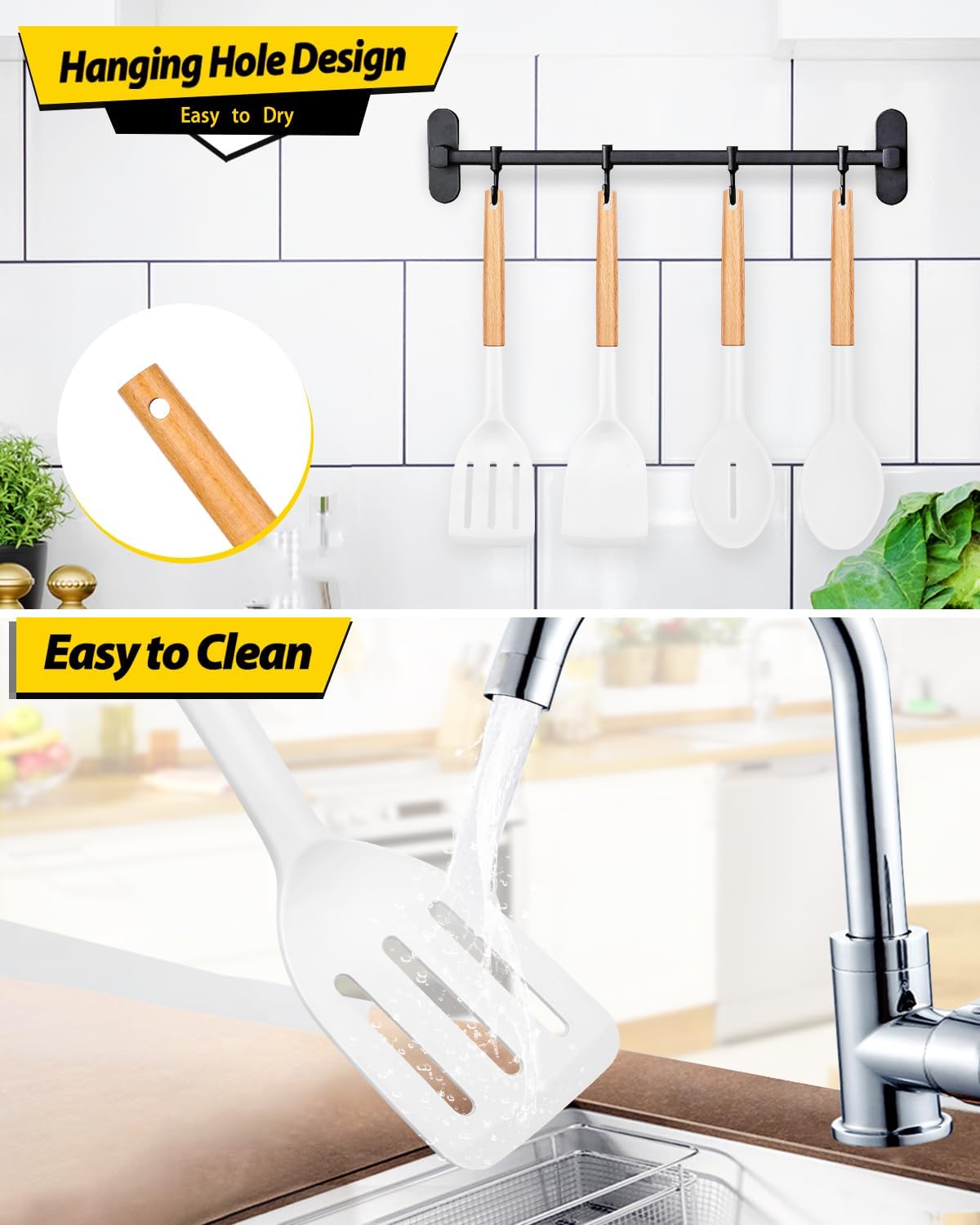 Pack of 4 Silicone Cooking Utensils Set, Non Stick Solid Spatulas and Heat Resistant Slotted Spoons with Wooden Handle, Ideal Wood Kitchen Utensils Set for Frying,Serving,Turning,Stirring (WHITE)