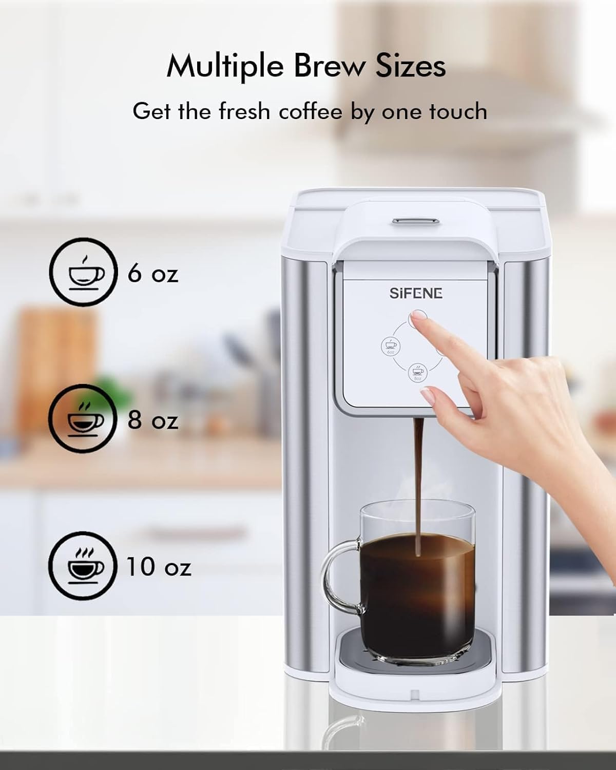 SIFENE single serve brewer 3-in-1 coffee machine for coffee pods ground loose tea 6 to 10oz brew sizes 50oz removable tank 1150w compact efficient white