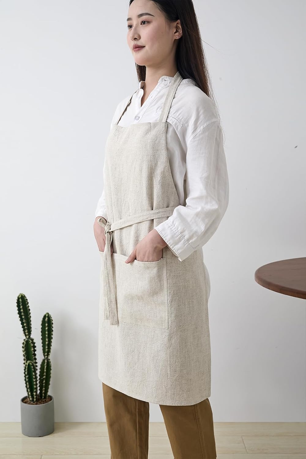 Cotton Linen Apron for Women - Adjustable Casual Apron with Pocktes, Great for Florist, Coffee House and Kitchen