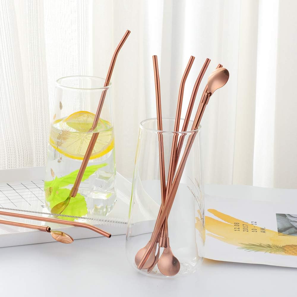 AmazonBasics 8PC 8.5Inch Stainless Steel Rose Gold Reusable Metal Straws + 2 Brushes