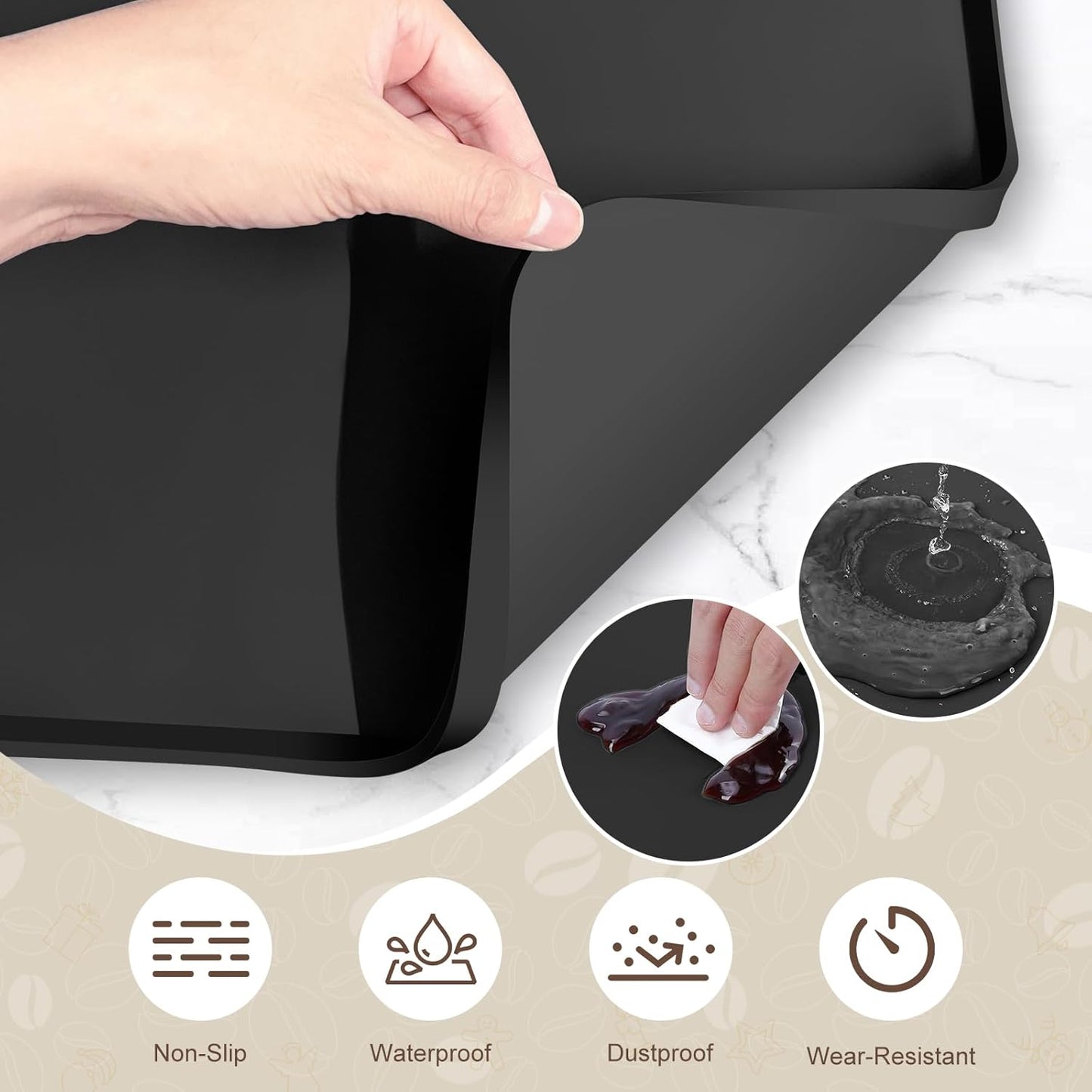 24''x16'' Silicone Coffee Mat with 6PCS Coasters,Counter Bar Mat with Detachable Dish Drying Mat for Kitchen Countertops,Coffee Bar Accessories (Black, 24 x 16 inches)