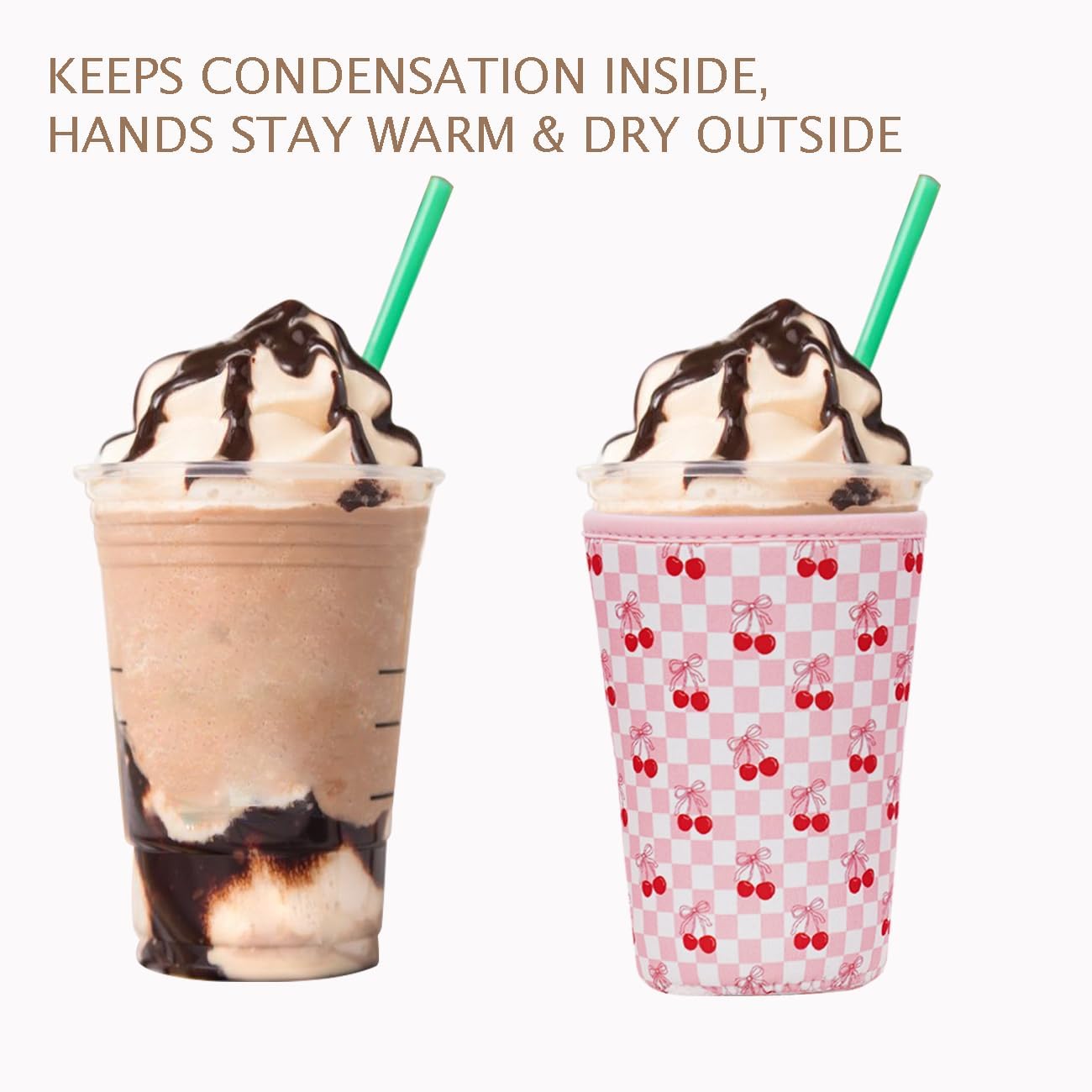 Reusable Insulated Neoprene Iced Coffee Cup Sleeve, Durable Drink Sleeve for Cold Beverages, Beverage Holder for Iced Coffee, Sweet Cherry