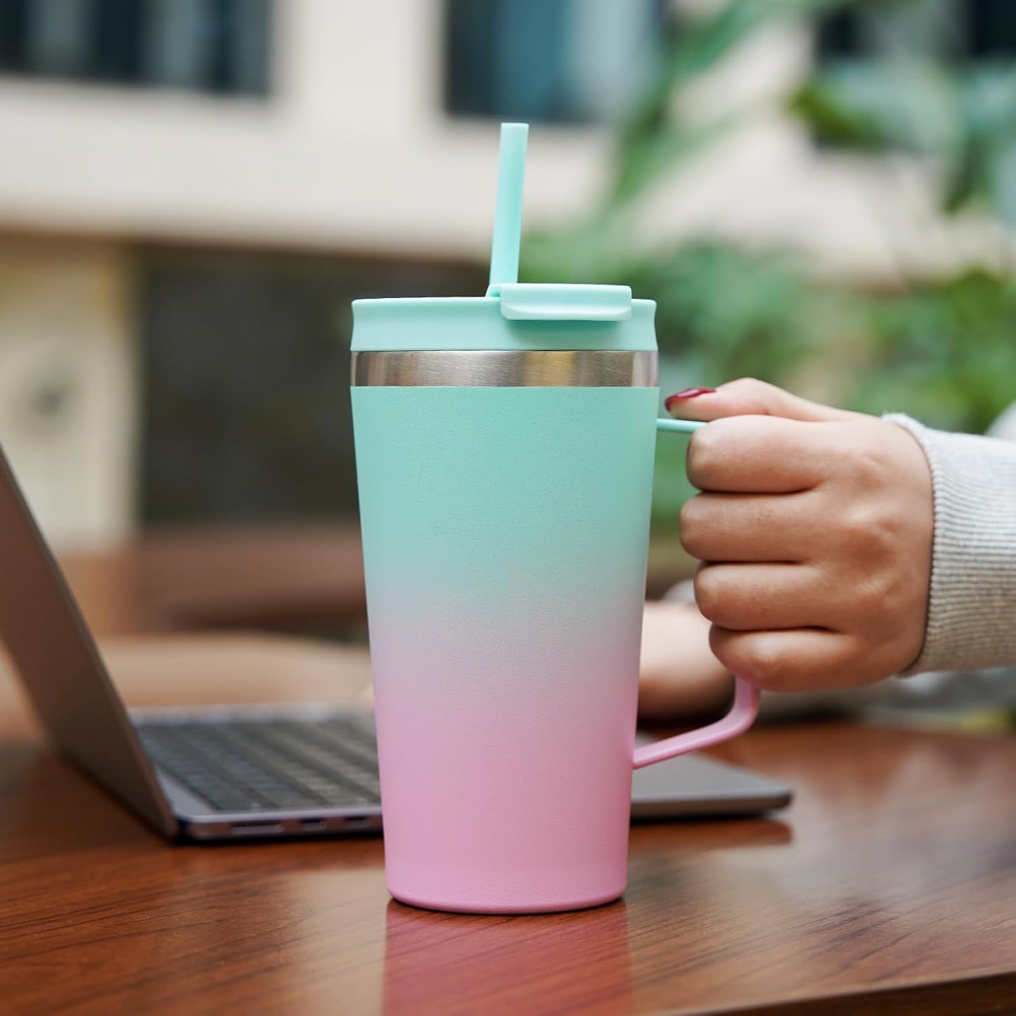 BJPKPK Insulated Tumbler with Handle, 22oz Insulated Tumblers with Lid and Straw, Stainless Steel Metal Water Bottles, Coffee Travel Mugs, Cups, Marshmallow