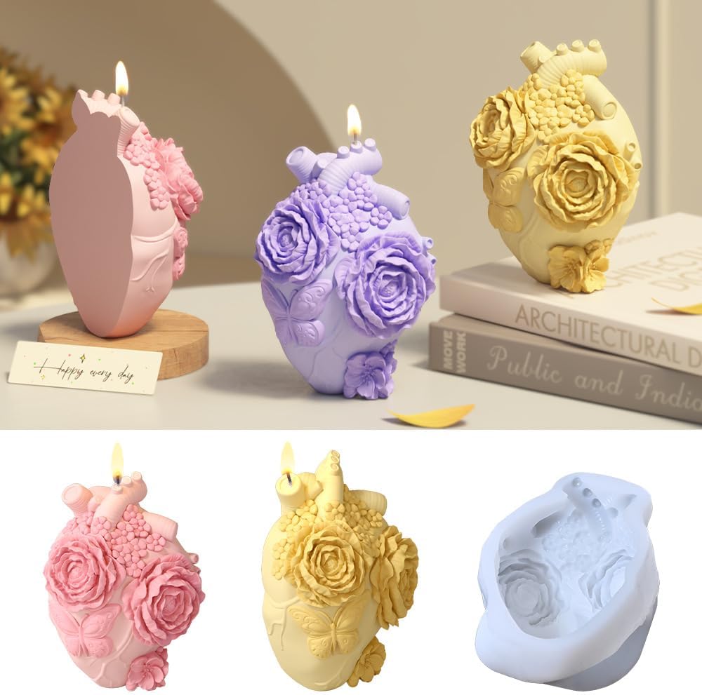 Anatomical Heart Silicone Resin Mold for Candle Soap – 3D Floral Human Organ Mold with Roses and Butterfly for Aromatherapy Wax Crafts DIY Gothic Romantic Gifts