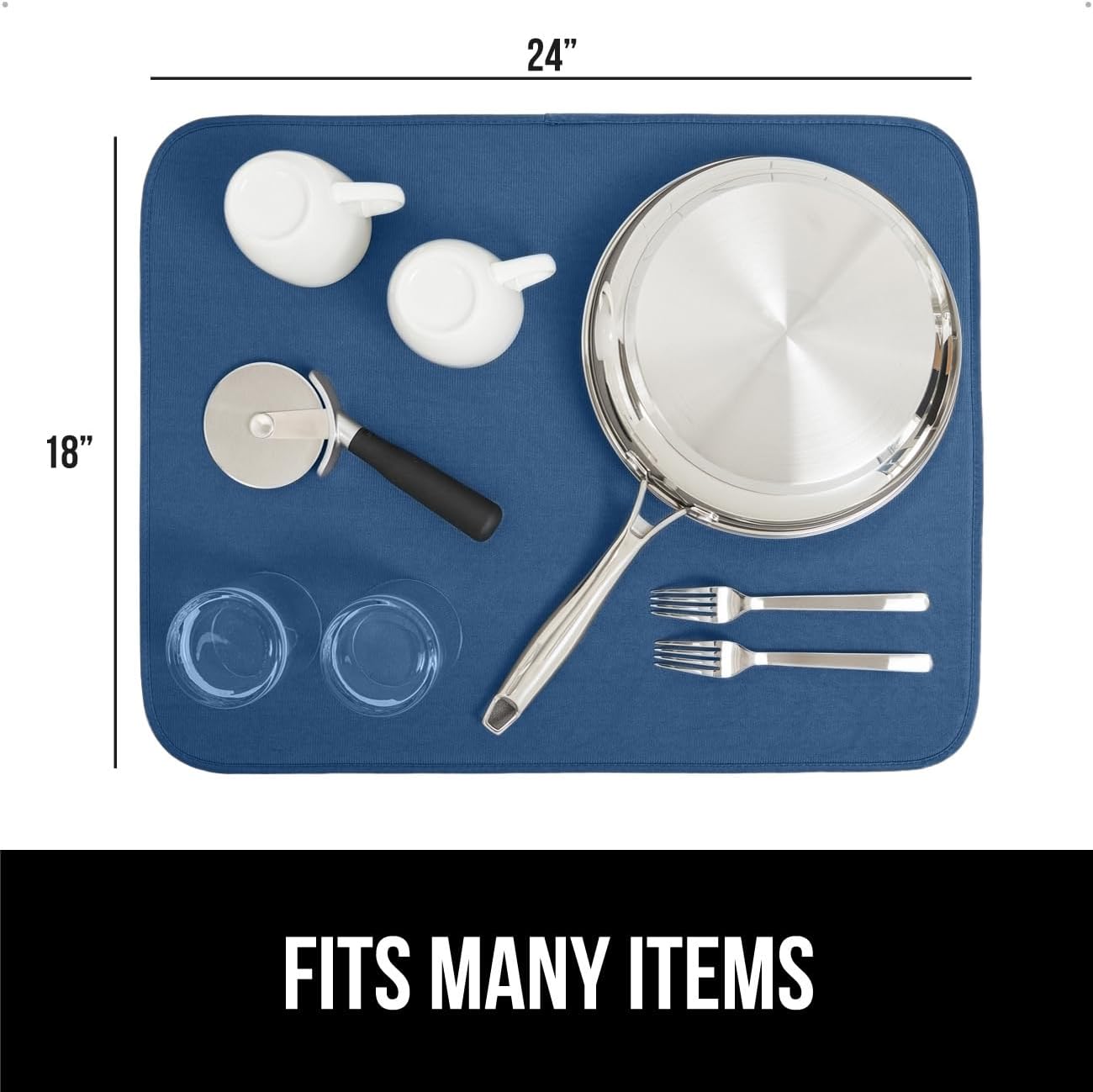 GORILLA GRIP Ultra Water Absorbent Microfiber Dish Drying Mat, 18x24, Quick Dry Thick Mesh, Slip Resistant Pad for Sink Dishes or Under Rack, Kitchen Counter Accessories, Machine Wash, 2 Pack Blue