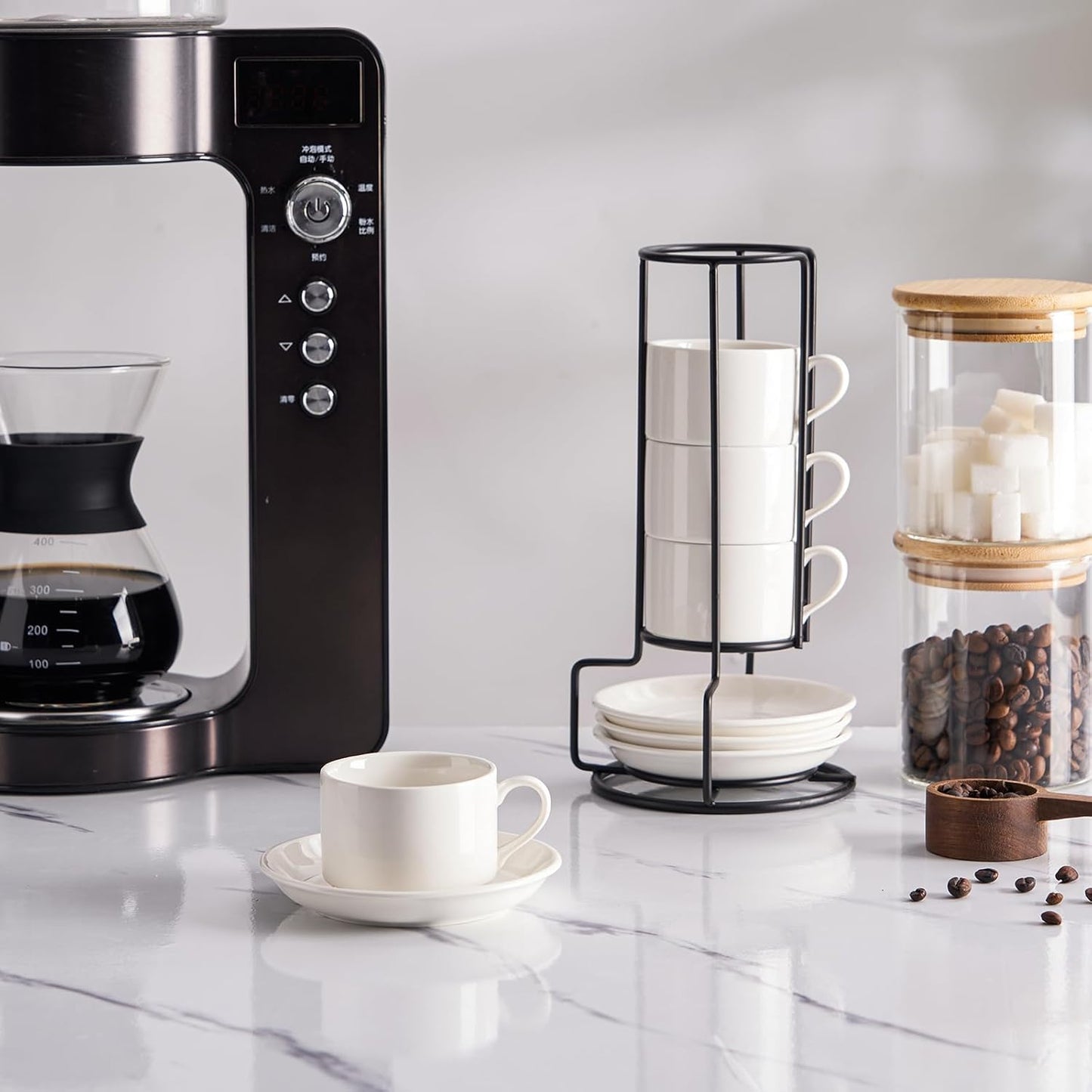 4oz Porcelain Stackable Espresso Cups with Saucers and Metal Stand Set of 4, Stackable Cappuccino Cups, White Expresso Shots Cup Set for Coffee Drinks, Latte, Americano, Tea