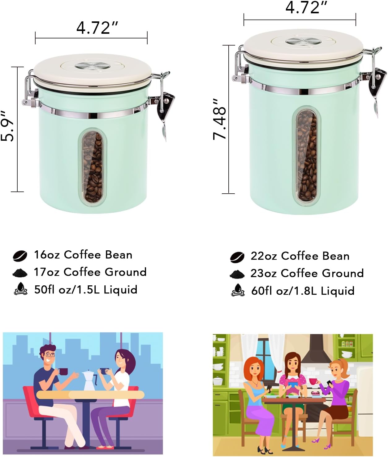 ShanSon Coffee Canister Airtight Coffee Container Stainless Steel Coffee Bean Storage Container with Scoop and See Through Window Coffee Canister for Beans Grounds Sugar Flour Tea Cereal,16OZ,Green