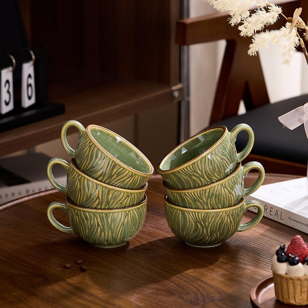 Set of 6 Vintage Design 12 oz Professional Barista Ceramic Latte Art Cappuccino Cups Set (Wave Green)