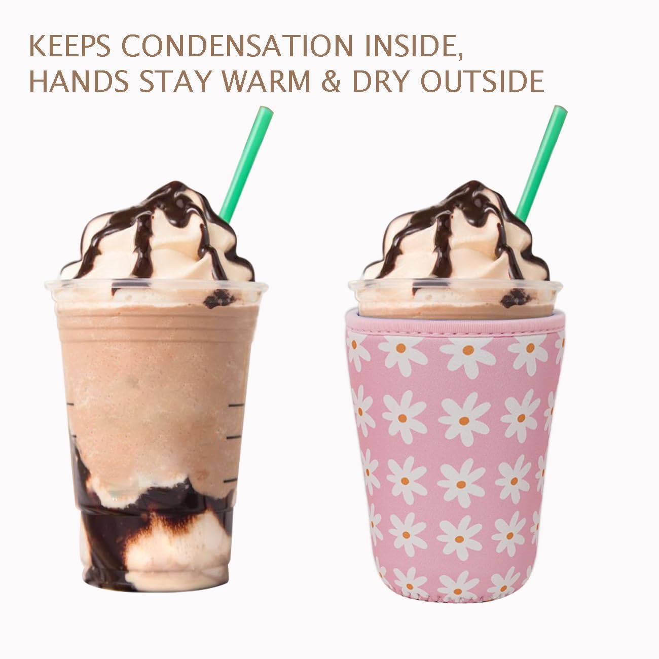 Reusable Insulated Neoprene Iced Coffee Cup Sleeve, Durable Drink Sleeve for Cold Beverages, Beverage Holder for Iced Coffee, Pink Daisies