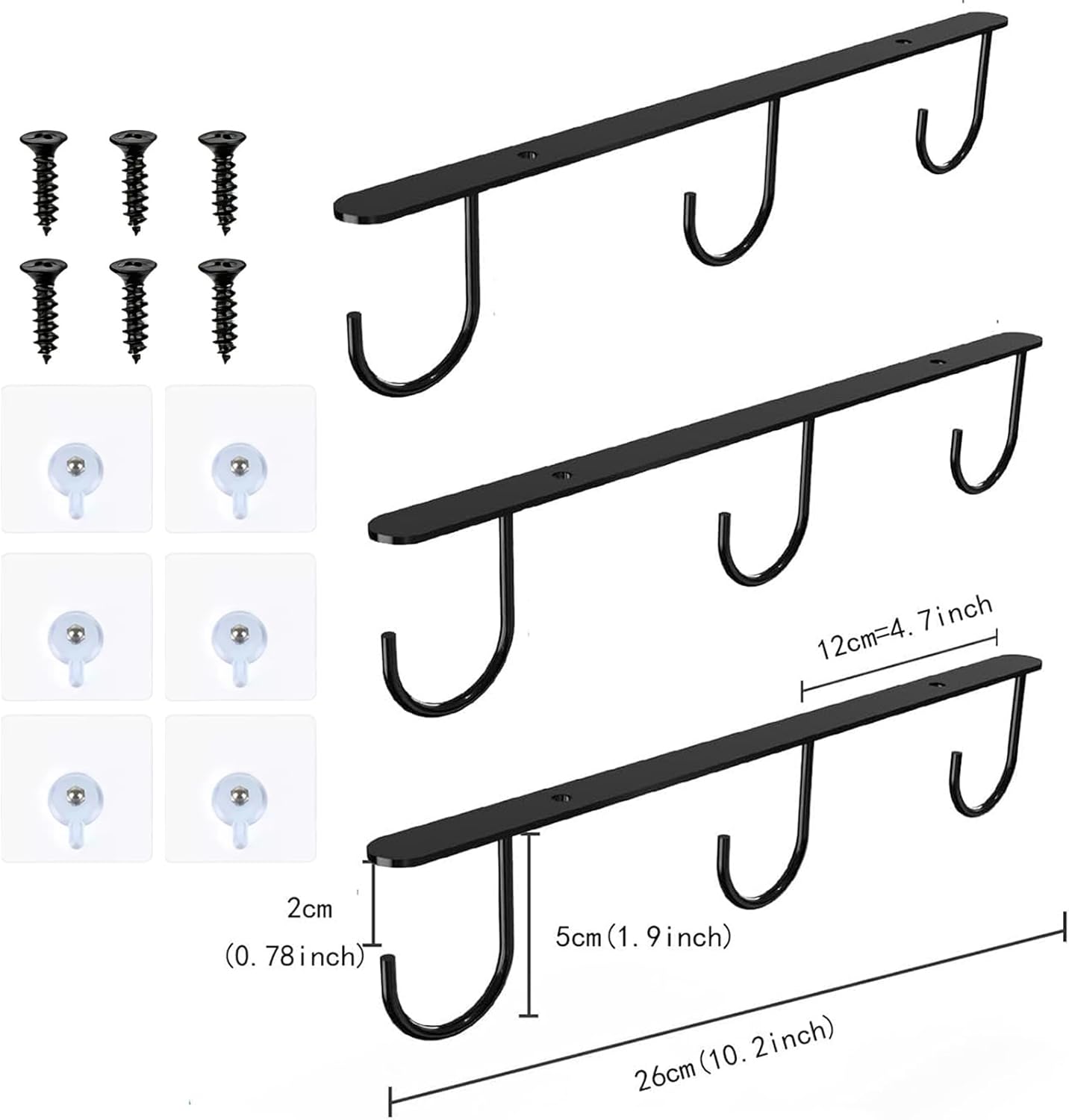 3pcs Under Cabinet Mug Hooks,Adhesive/Screw 2 Ways Install Mug Holder,Coffee Cups Hook with 9 Hooks,Mug Organizion Rack for Displaying Mugs/Cups/Kitchen Utensils (Black)