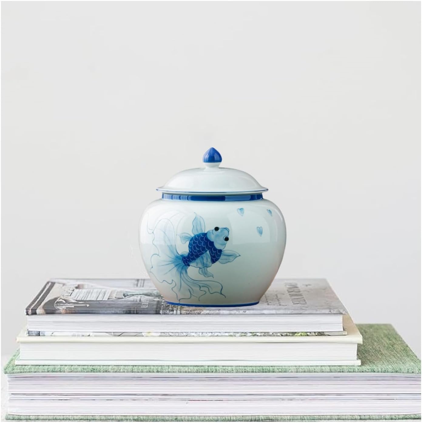 5 inches Ginger jar Lid - blue fish decorative Ceramic Ginger jar vase with Lid, chinoiserie gift koi decor small jars for Home decor/jewelry/Tea/coffee beans/Storage