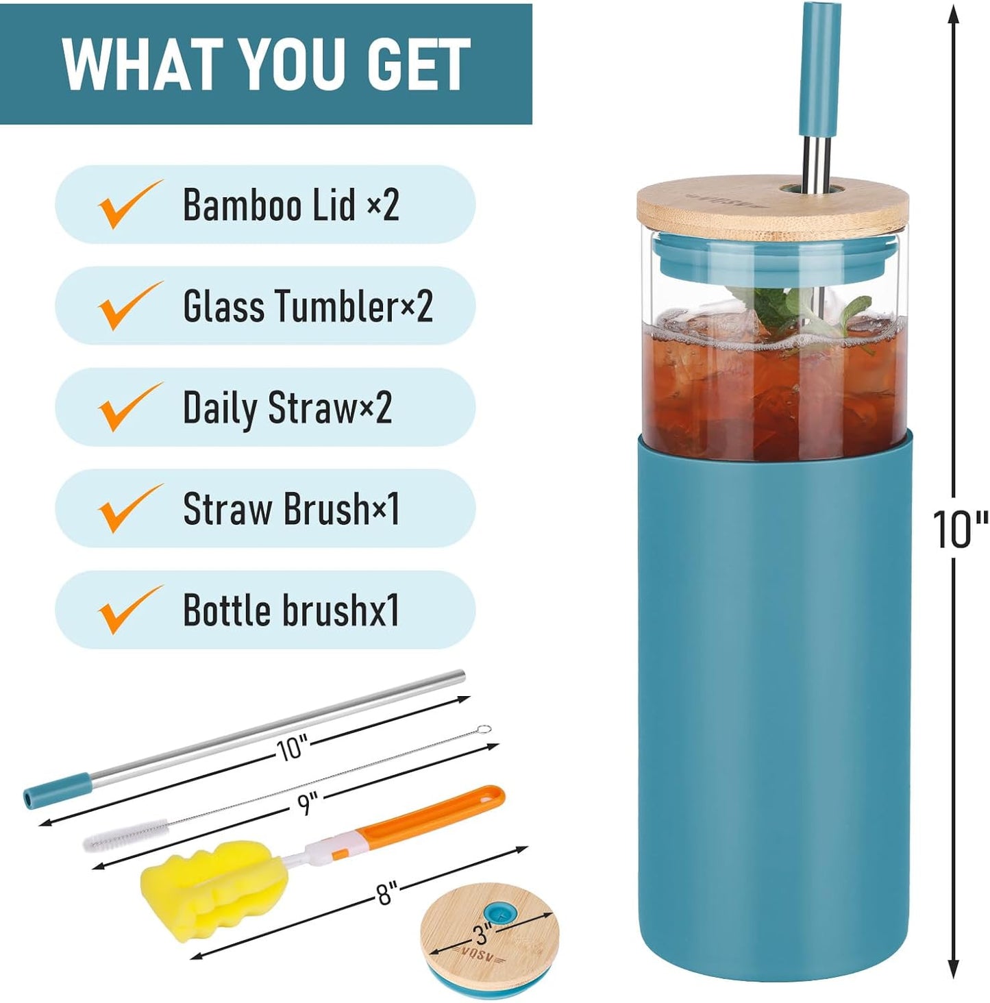 2Pack Glass Tumbler w/Lid &Straw - 24oz Reusable Glass Mug/Bamboo Lid & Stainless Steel Straw -BPA Free, Leak-Proof, Dishwasher Safe for Coffee, Smoothies, Hot Beverage, Travel, Office, Home Use