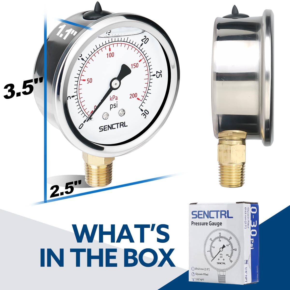 SENCTRL 0-30 PSI Glycerin Liquid Filled Low Pressure Gauge, 2.5" Dial Size, 1/4 NPT, Stainless Steel Case, Lower Mount, for Water Oil Air Pressure Test