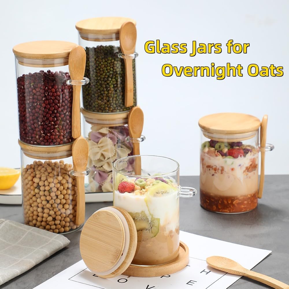 6 Pack Glass Jars with Bamboo Lids and Spoons for Loose Leaf Tea Storage, 17 OZ Glass Overnight Oat Container with Lid and Scoop, Glass Canister Set as Tea Container for Loose Leaf Tea Holder