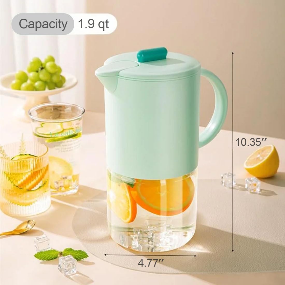 Delove Borosilicate Glass Pitcher with Lid & Auto Spout – Shatterproof Plastic Shell, Wide Mouth Design – 62 oz (1.9 Quart) Jug for Boiling Water, Iced Tea, Juice & Cold Brew Coffee (2, Light blue)