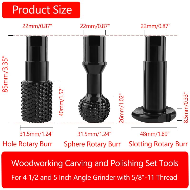 3pcs DIY Wood Carving and Deburring Tools Sphere Rotary Burrs with 5/8"-11 Thread for 4 1/2 and 5" Angle Grinder, Safe Carbon Steel Electric Grinder Bits Accessories for Wood Grinding Reaming Grooving