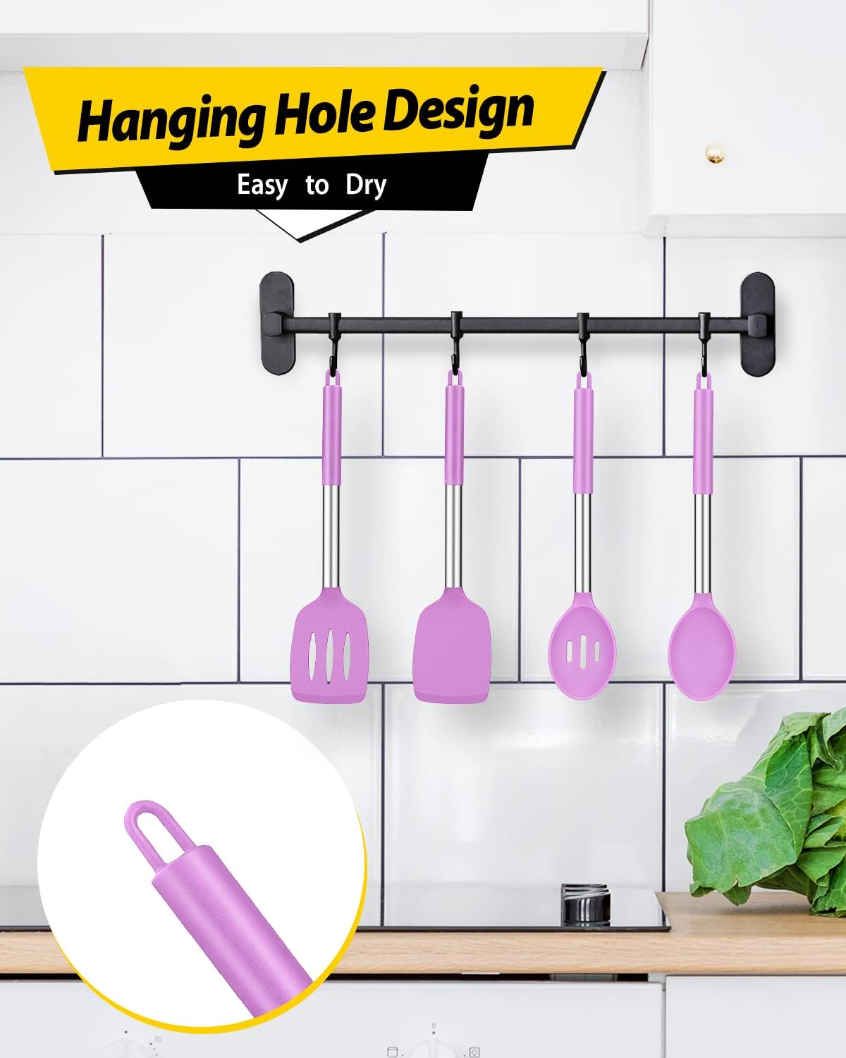 Pack of 4 Silicone Cooking Utensils Set, Non Stick Large Solid Spatulas, Heat Resistant Purple Slotted Spoons, Ideal BPA Free Kitchen Turners for Frying, Mixing,Serving,Draining,Turning,Stirring