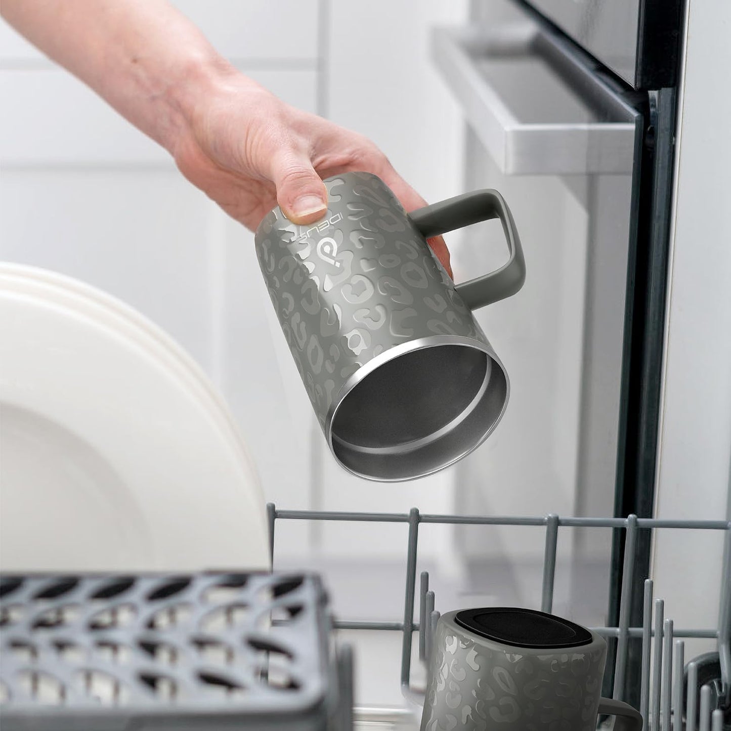 Ideus Vacuum Insulated Coffee Mug, 16oz Reusable Stainless Steel Thermal Double Walled cup with Handle and Slider Lid for Hot & Cold Beverages, BPA Free (Leapord Gray)