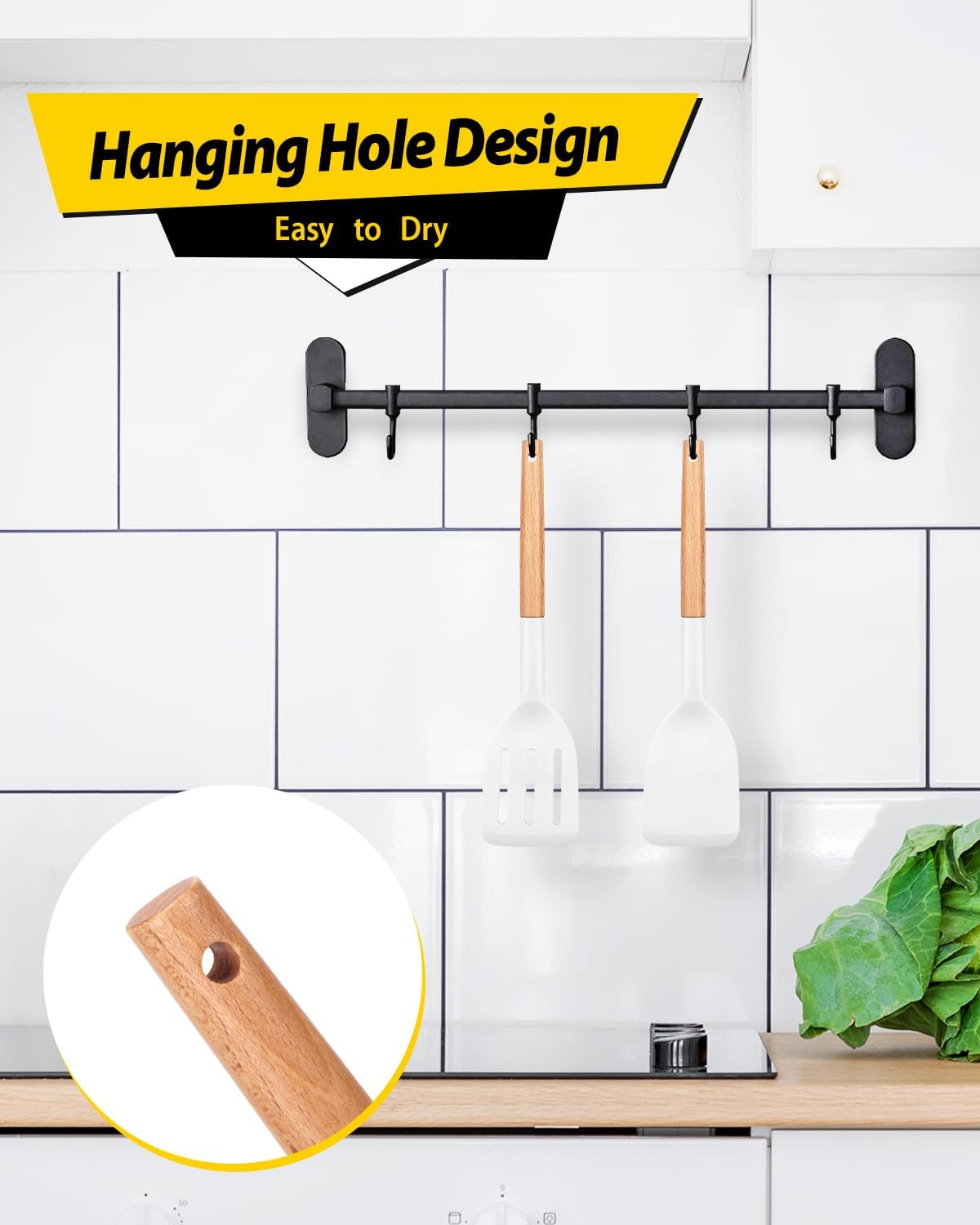 Pack of 2 Silicone Cooking Spatula, Heat Resistant Solid Turner, Non Stick Slotted Spatulas with Wooden Handle,Ideal Wood Kitchen Utensils Set for Frying, Baking, Flipping, Turning (WHITE)