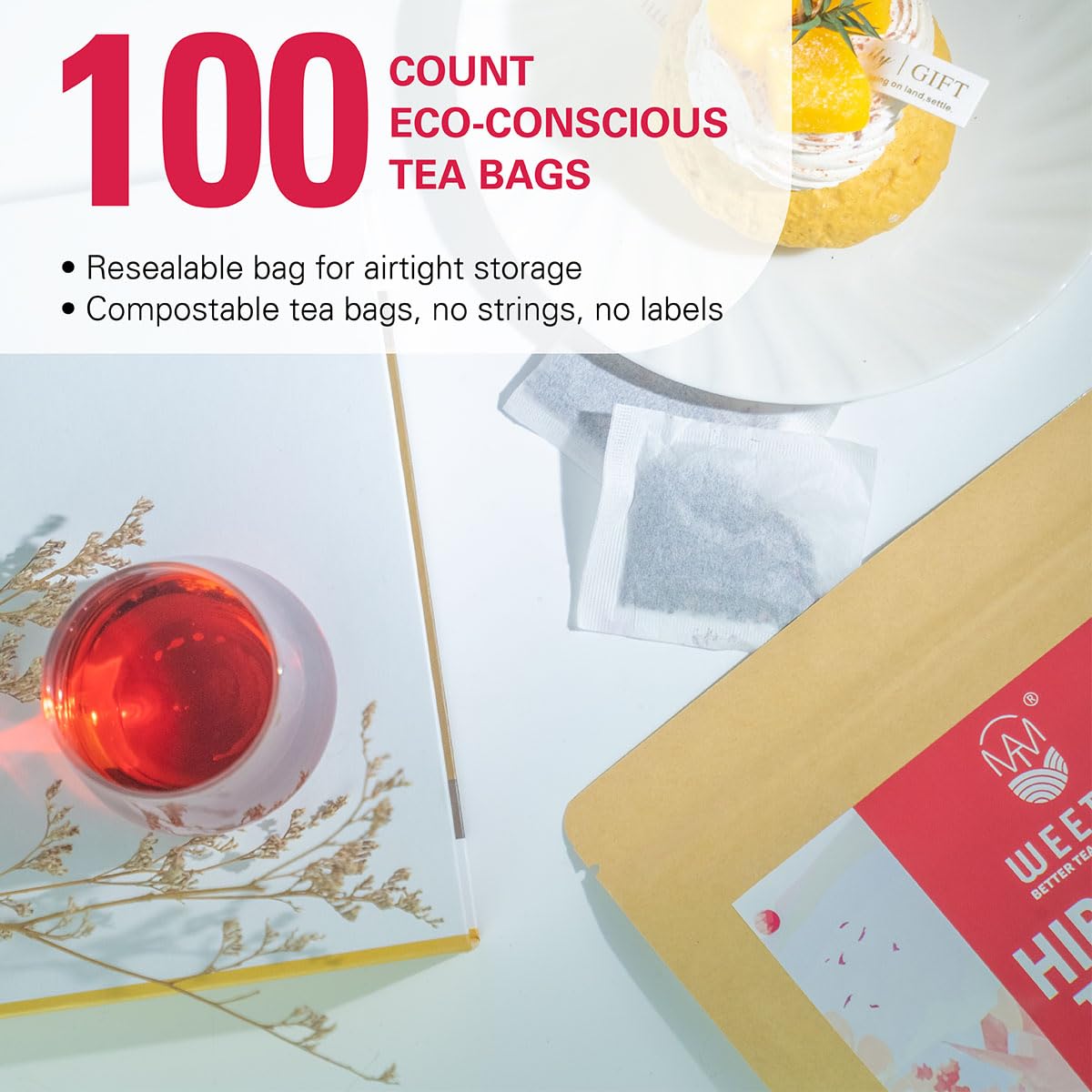 WT WEETEE Hibiscus Tea Bags, Made with 100% Pure Hibiscus Flowers, Natural Caffeine-free Herbal Tea, Tangy & Refreshing, Brew Hot or Iced