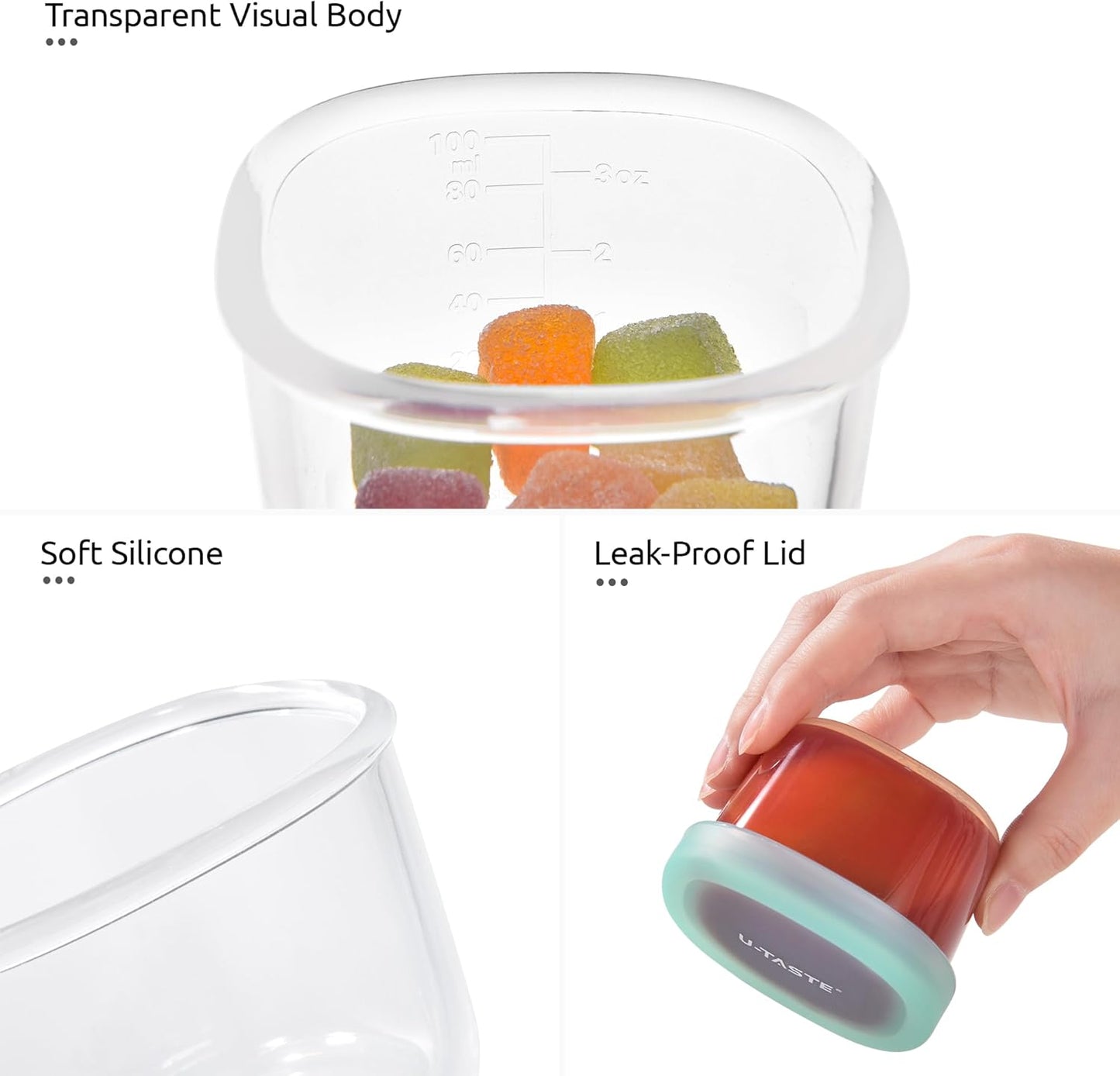 U-Taste 3oz Mini Sauce Containers: Food Grade Liquid Silicone Condiment Storage with Airtight Lid, Freezer Safe with Clear 100ml Measurements, Reusable for Dipping Ketchup, Salad Dressing (Aqua Sky)