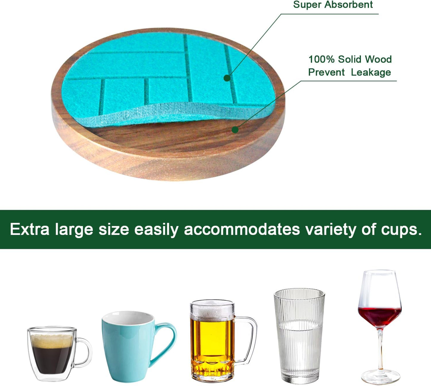Coasters for Drinks Absorbent 5 Pack, Wood Coasters with Felt Pads, Drink Coasters for Coffee Tabletop Protection, Non-Slip, Non-Stick, Suit for Kinds of Cups 4.3 inch (Colorful Series)