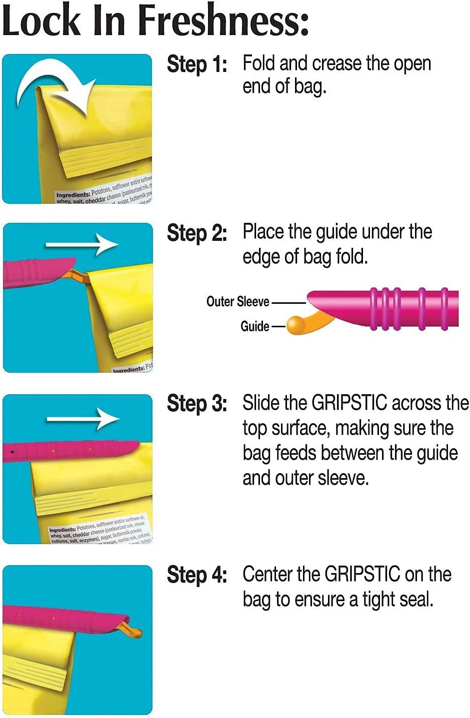 GRIPSTIC Bag Sealer - Reusable Chip Clips, Bag Clips. Patented. Airtight & Waterproof Seal on Food Storage Bags, Kids Snacks & More. Near Zero Waste. 12ct Medium