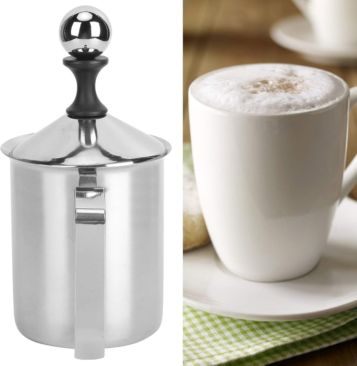 Manual Milk Frother 14oz/400ml Stainless Steel Frothing Pitcher With Handle for Latte Cappuccino Foam