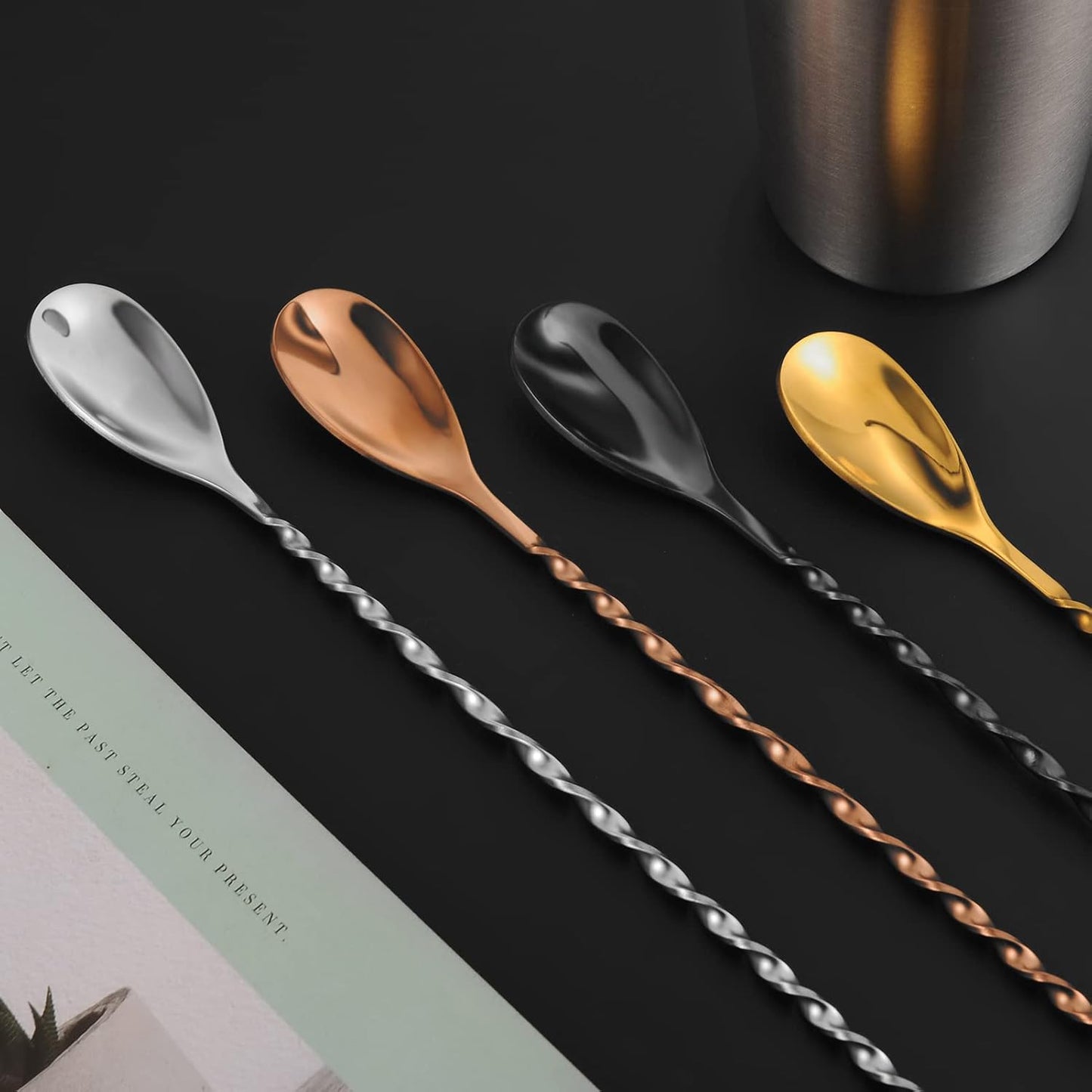 AnSaw Black 12-Inch Stainless Steel Cocktail Spoon with Leaf Handle - Perfect for Mixing & Layering Drinks in Tall Cups, Bar & Shakers - Durable Long Handle Bar Stirrer,1-Pieces