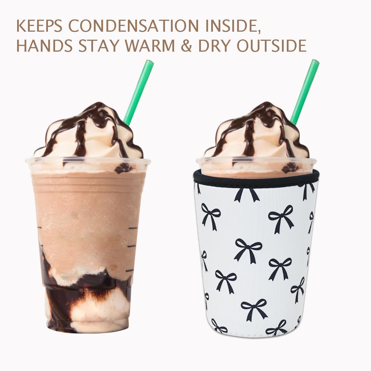 Reusable Insulated Neoprene Iced Coffee Cup Sleeve, Durable Drink Sleeve for Cold Beverages, Beverage Holder for Iced Coffee, Black Bow