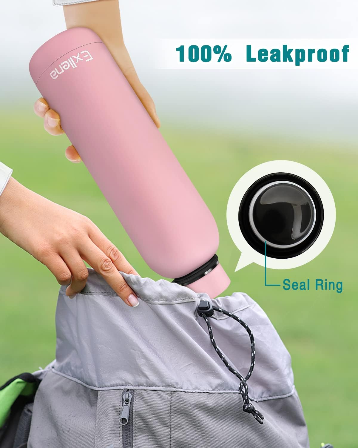 Slim Insulated Water Bottles for Travel 25oz with Clip, Double Wall Vacuum Stainless Steel Water Bottle Keeps Drinks Cold 24 Hrs/Hot 12 Hrs, 100% Leakproof, BPA Free(Pink)