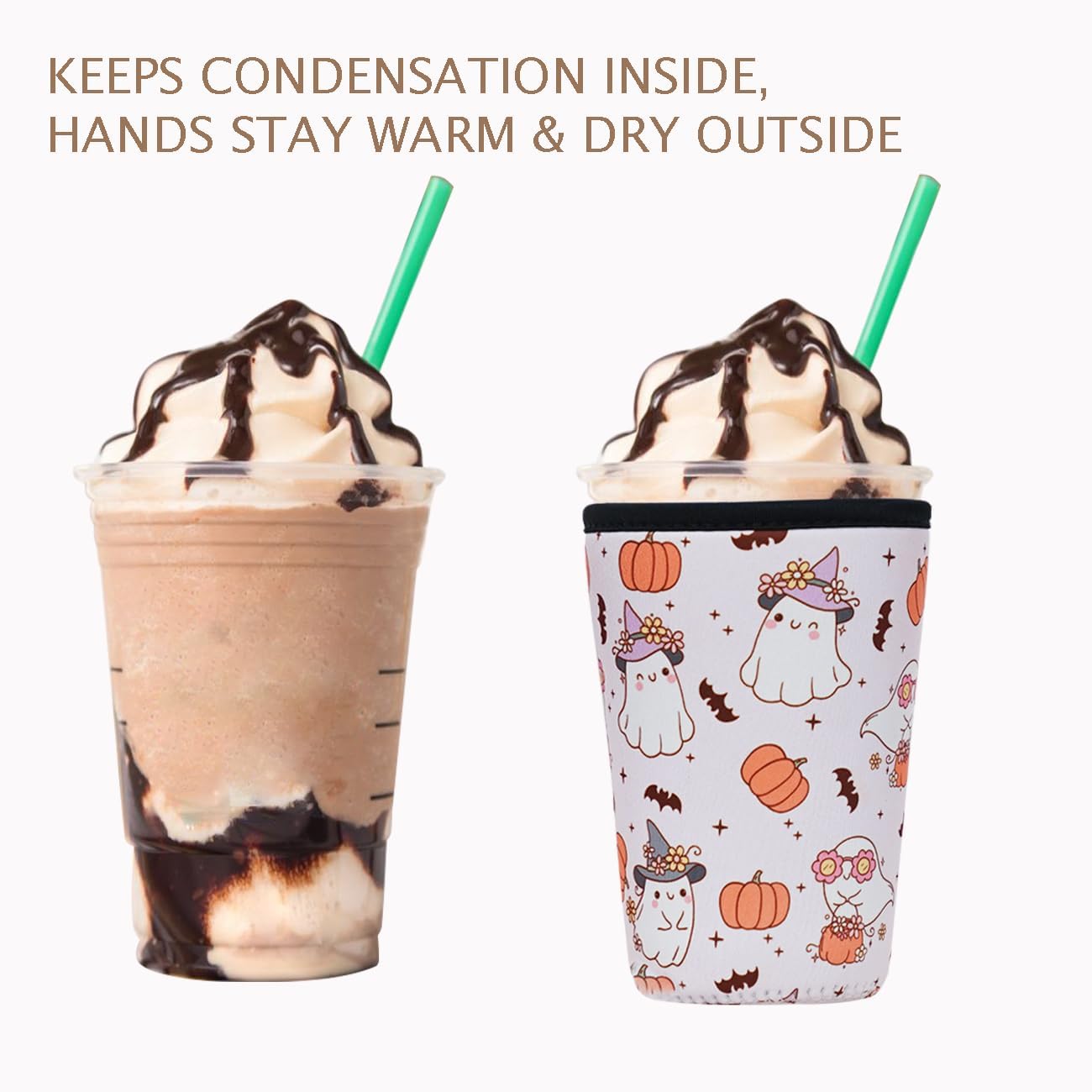 Reusable Insulated Neoprene Iced Coffee Cup Sleeve, Halloween Ghost for Boo Basket Stuffers, Durable Drink Sleeve for Cold Beverages, Beverage Holder for Iced Coffee, Halloween Spooky