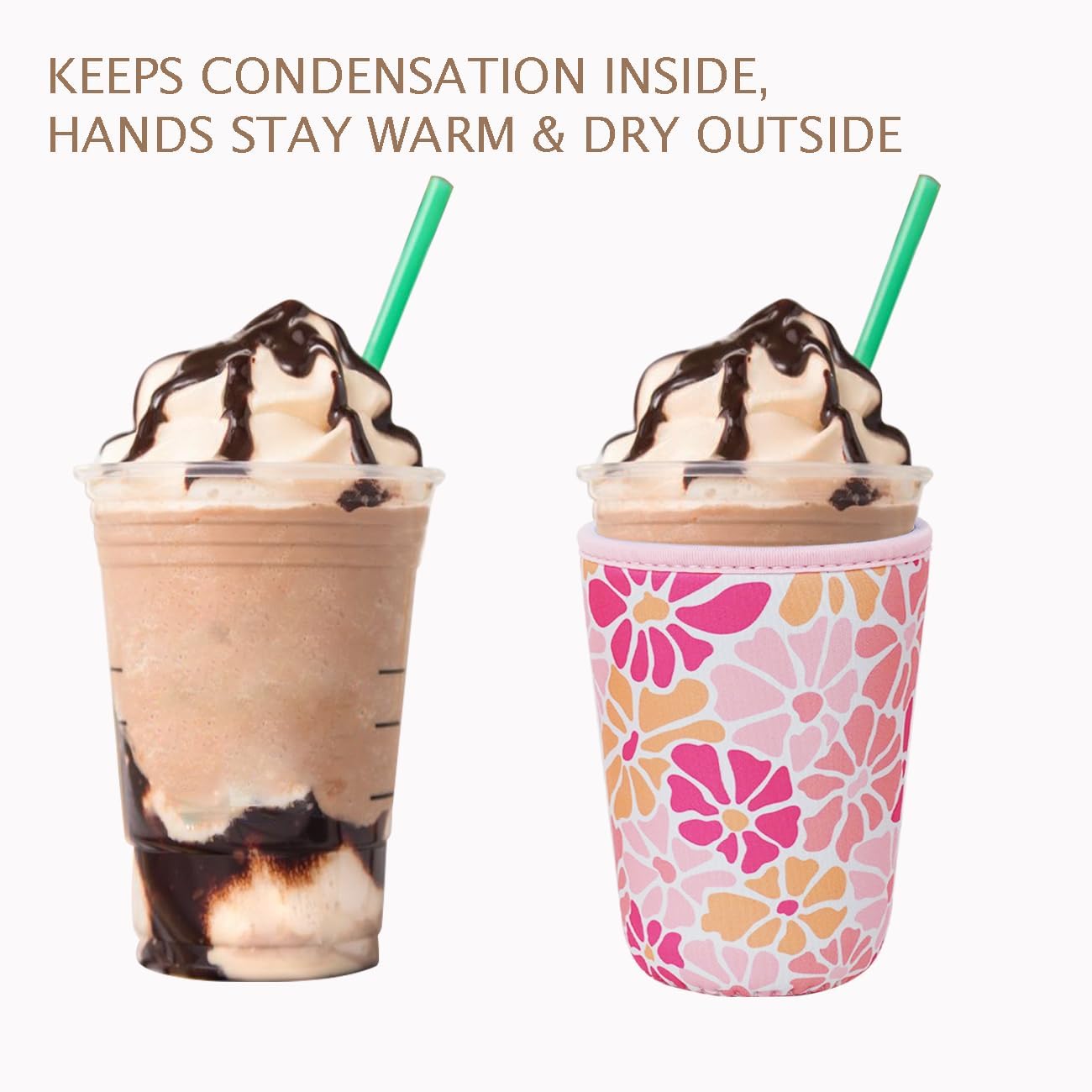 Reusable Insulated Neoprene Iced Coffee Cup Sleeve, Durable Drink Sleeve for Cold Beverages, Beverage Holder for Iced Coffee, Blush Petals