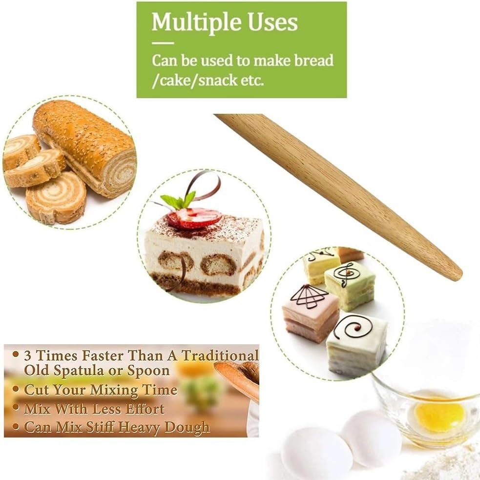 Danish Dough Whisk with Dough Scraper 10" Dutch Bread Whisk Bread Mixer Stainless Steel Dutch Bread Dough Whisk with Wooden Handle Dutch Whisk Baking Tools for Sourdough, Pizza, Pastry, Cake