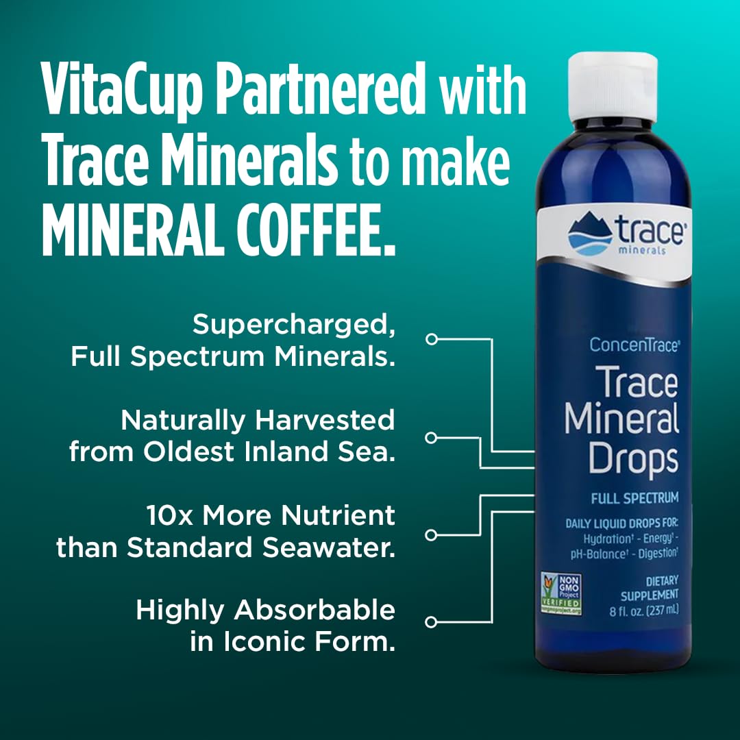 VitaCup Mineral Coffee with Trace Minerals, Hydrate, Replenish & Restore w/All Natural Sea Minerals, Electrolytes, Organic Coffee, Single Origin, Medium Dark Roast, Ground Coffee, 4 Bags 10oz Each