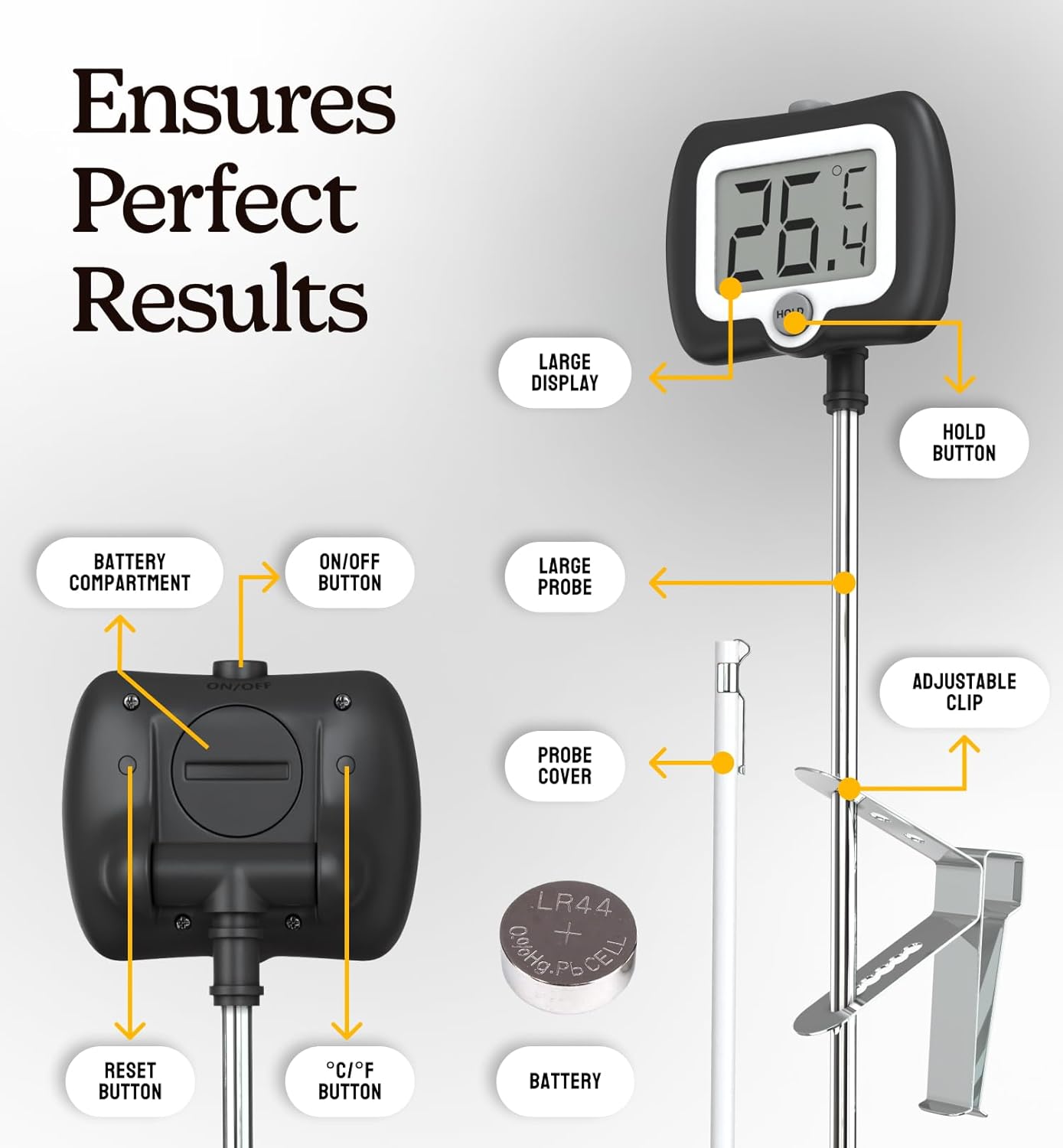Digital Candy Thermometer with Pot Clip, 10" Long Stainless Steel Probe, Instant Read Kitchen Thermometer for Cooking, Baking, and Candy Making (Black)